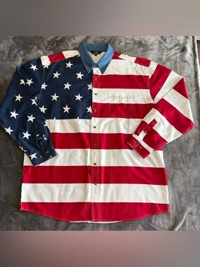 Roper Red White Blue Stripes Stars USA Flag Button Front Shirt Mens Size XL
